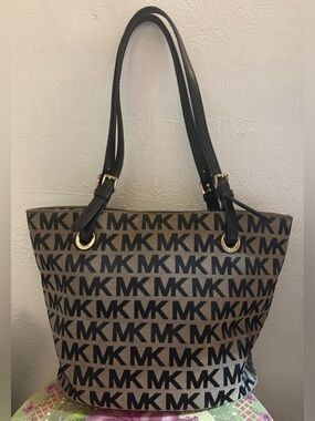 Michael Kors Brown MK Logo Tote with Black Straps and Gold Hardware